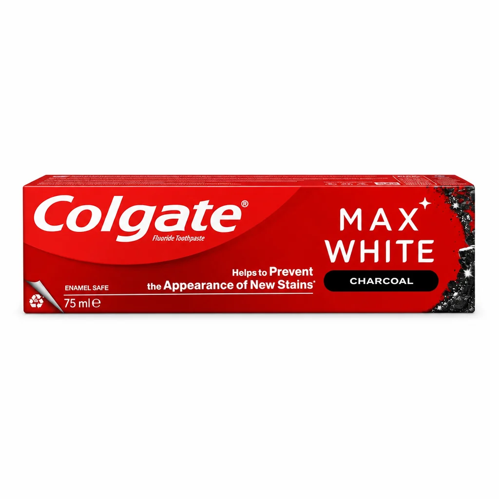 خمیر دندان Colgate مدل Max White Charcoal حجم ۷۵ میلیلیتر روی بستهبندی قرمز...