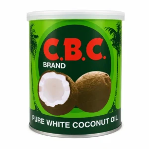 روغن نارگیل C.B.C مدل PURE WHITE COCONUT OIL روی بسته‌بندی سبز