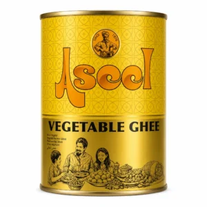 قوطی فلزی روغن گیاهی جامد Aseel مدل Vegetable Ghee با بسته‌بندی طلایی