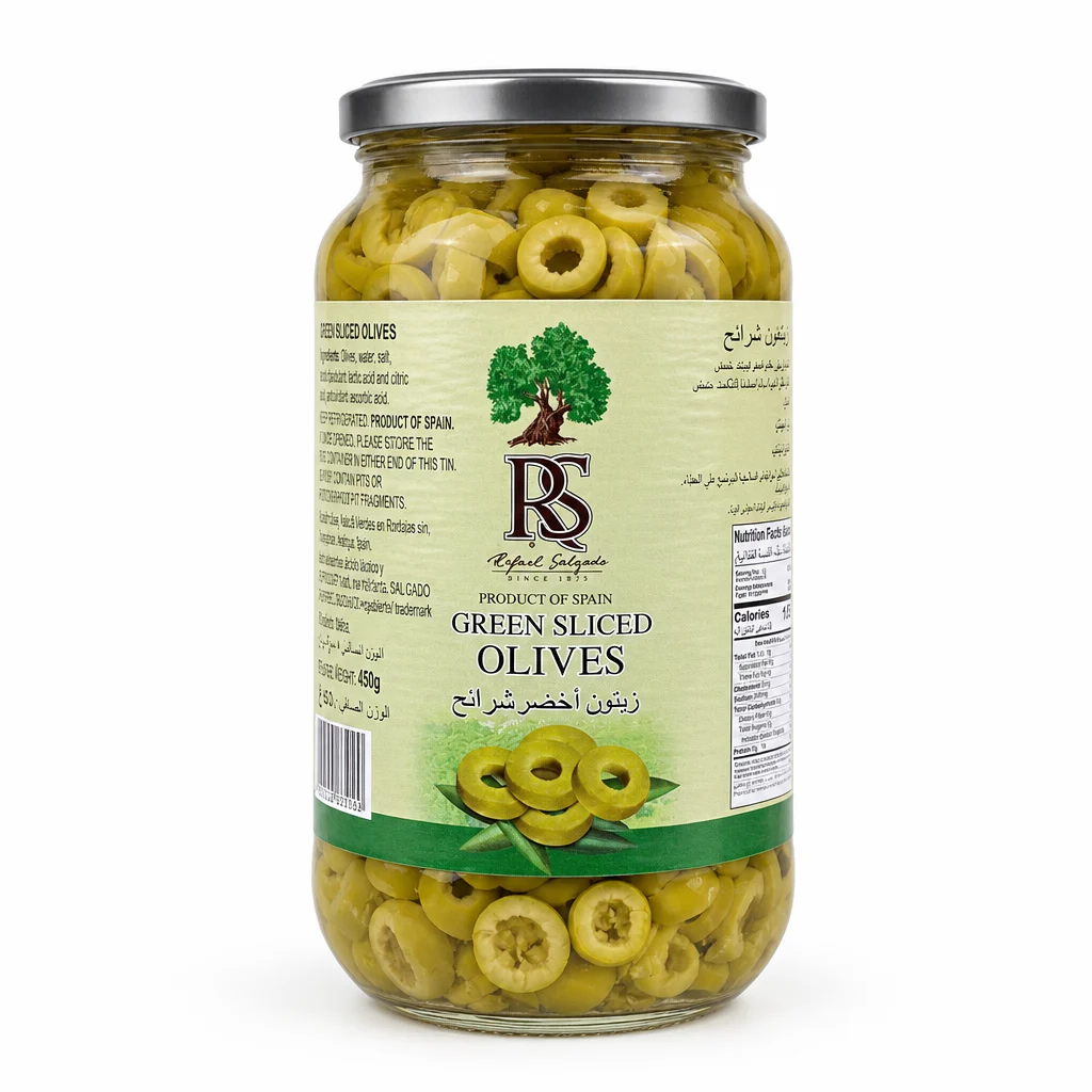 زیتون سبز اسلایسی Rafael Salgado مدل Green Sliced Olives وزن ۴۵۰ گرم