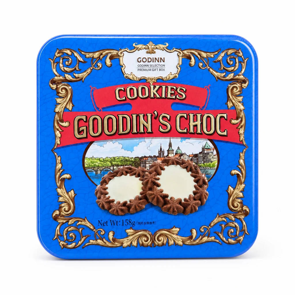کوکی شکلاتی GODINN مدل GOODIN'S CHOC وزن ۱۵۸ گرم با جعبه فلزی