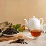 چای سیاه خوب در فنجان و برگ‌های چای