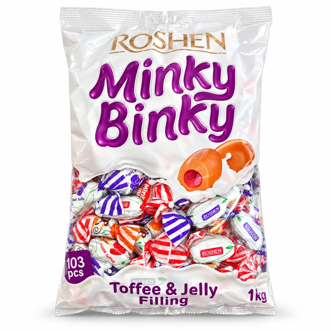 تافی و آبنبات ژلهای مغزدار ROSHEN مدل Minky Binky وزن 1 کیلوگرم