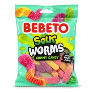 پاستیل کرمی ترش BEBETO مدل Sour Worms وزن ۸۰ گرم