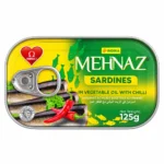 کنسرو ماهی ساردین MEHNAZ مدل Sardines in Vegetable Oil with Chilli وزن ۱۲۵ گرم