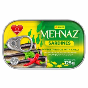 کنسرو ماهی ساردین MEHNAZ مدل Sardines in Vegetable Oil with Chilli وزن ۱۲۵ گرم